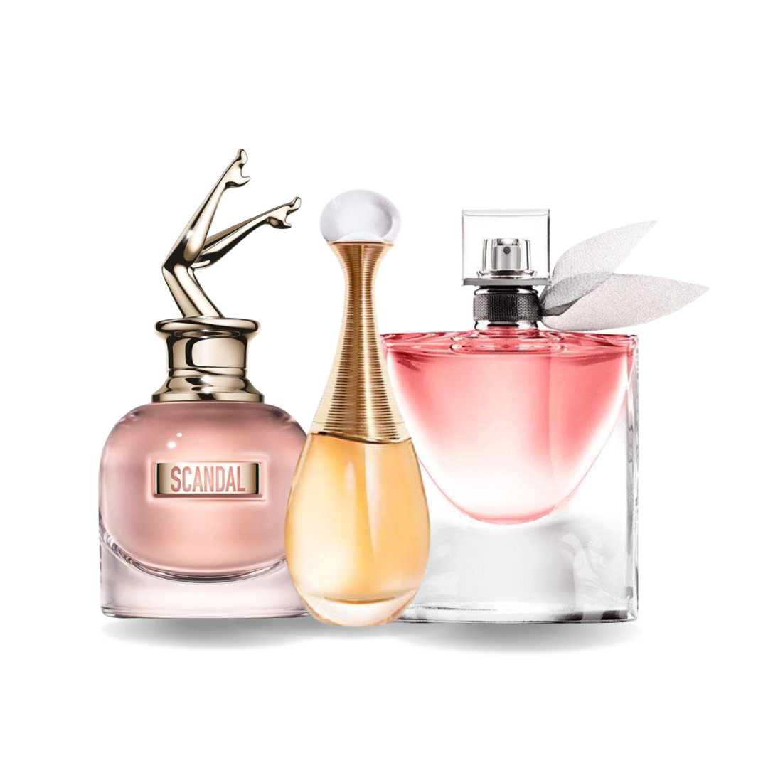 3 Perfume Set: Jean Paul Gaultier SCANDAL, Dior J'ADORE y Lancôme LA VIE EST BELLE (Eau de Parfum)