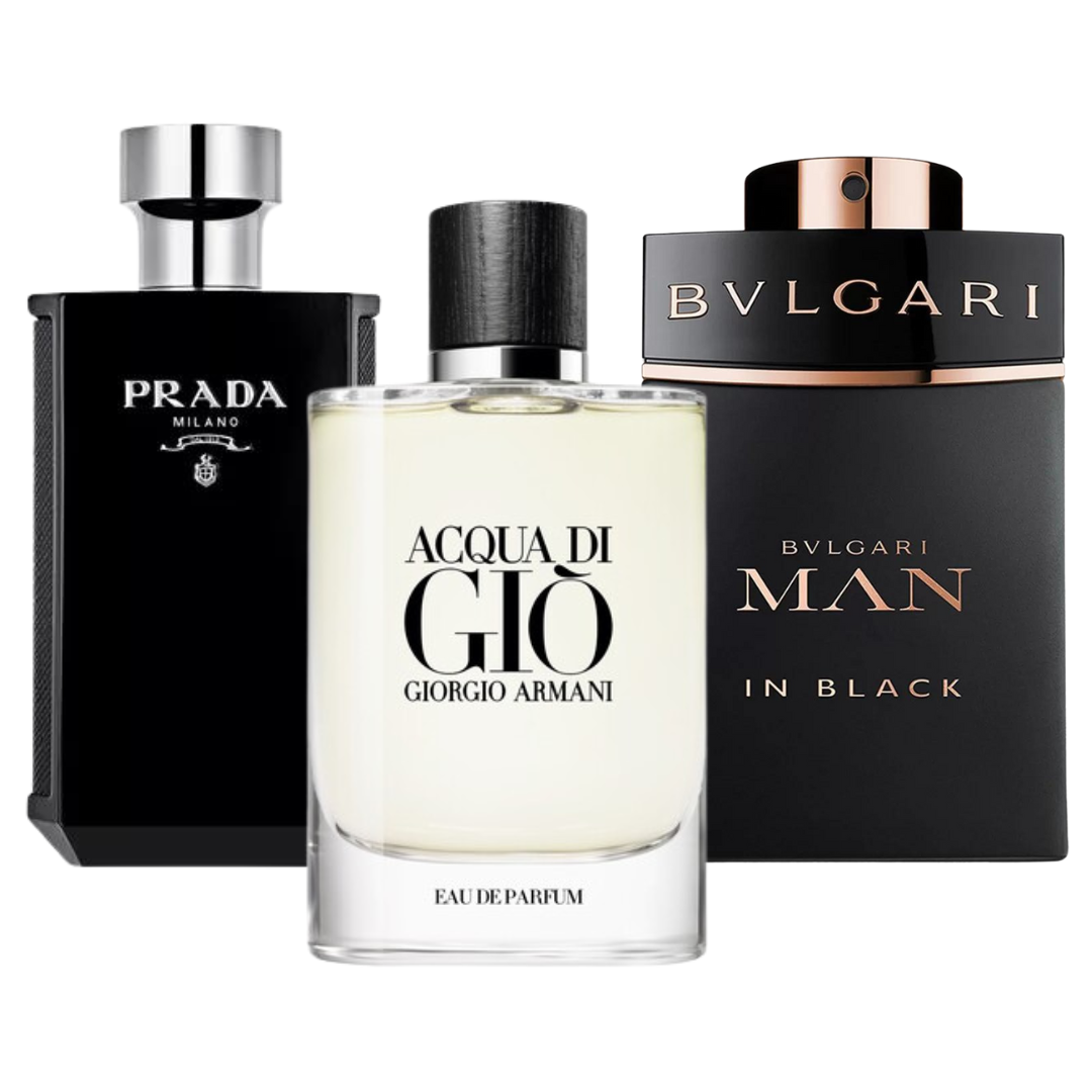 3 Perfume Set: Bvlgari In Black, Giorgio Armani Acqua Di Gio, y L'Homme Prada Intense 100ml